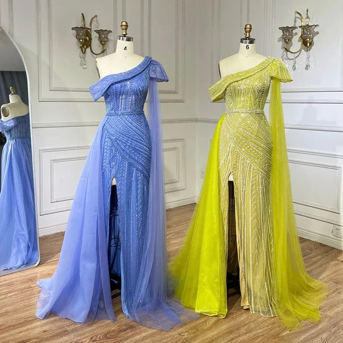 Luxury One Shoulder Blue Evening Dress with Overskirt LA72596 - SERENE HILL