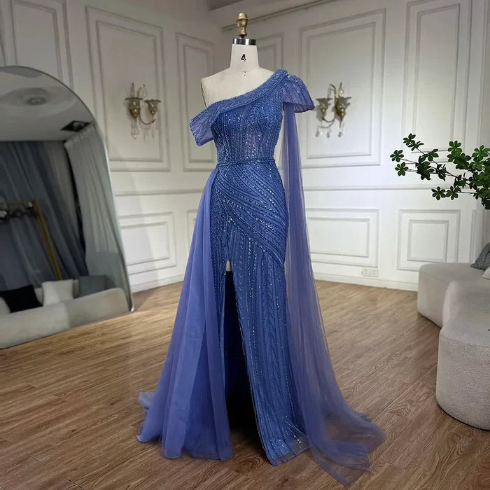Luxury One Shoulder Blue Evening Dress with Overskirt LA72596 - SERENE HILL