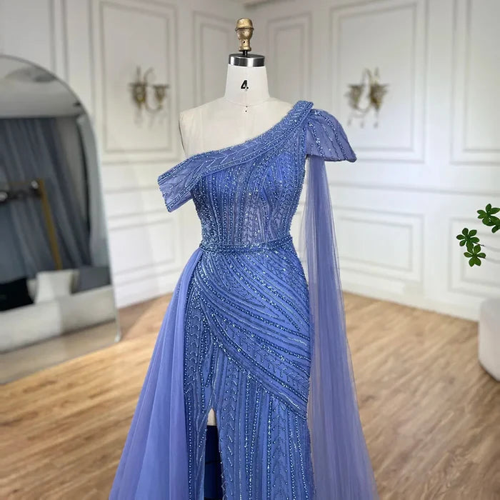 Luxury One Shoulder Blue Evening Dress with Overskirt LA72596 - SERENE HILL