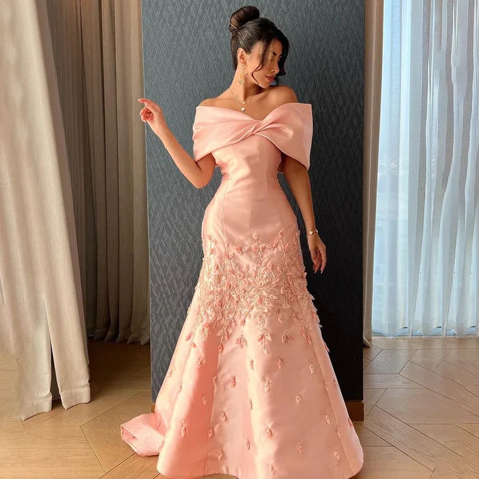 Luxury Peach Satin Mermaid Evening Dress with Appliques LA72483 - SERENE HILL
