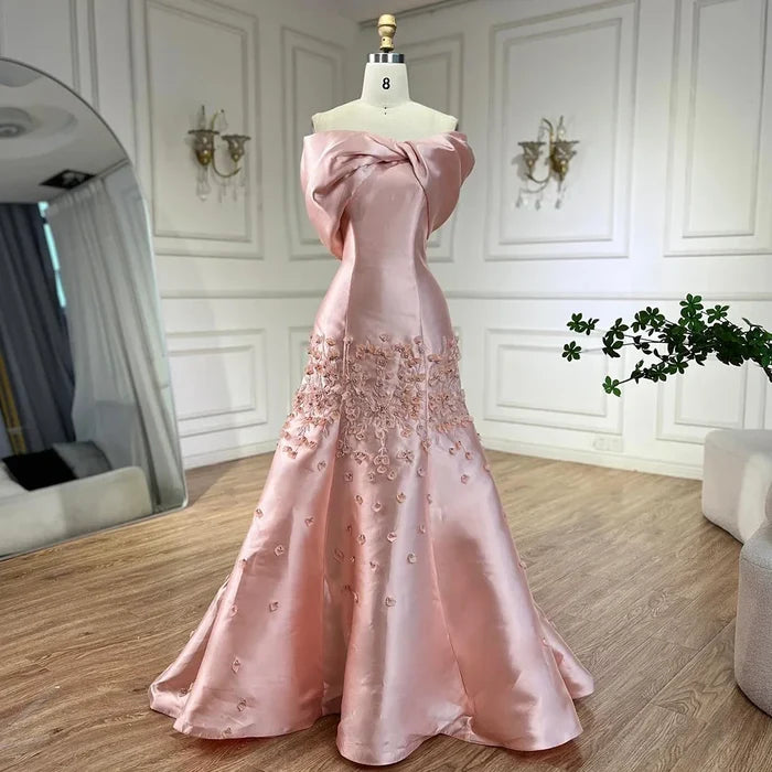 Luxury Peach Satin Mermaid Evening Dress with Appliques LA72483 - SERENE HILL