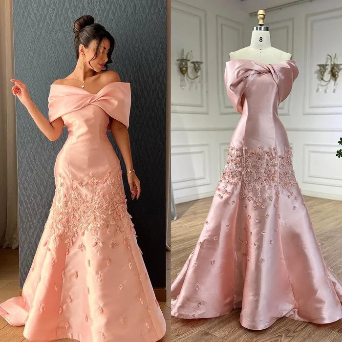 Luxury Peach Satin Mermaid Evening Dress with Appliques LA72483 - SERENE HILL