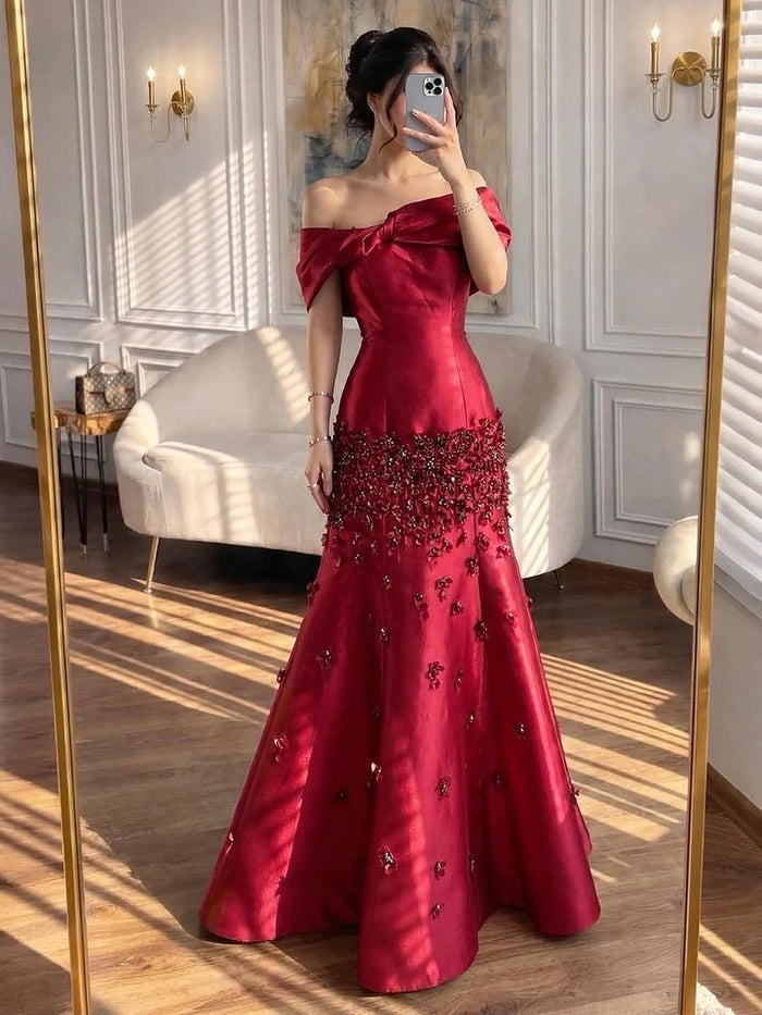 Luxury Peach Satin Mermaid Evening Dress with Appliques LA72483 - SERENE  HILL