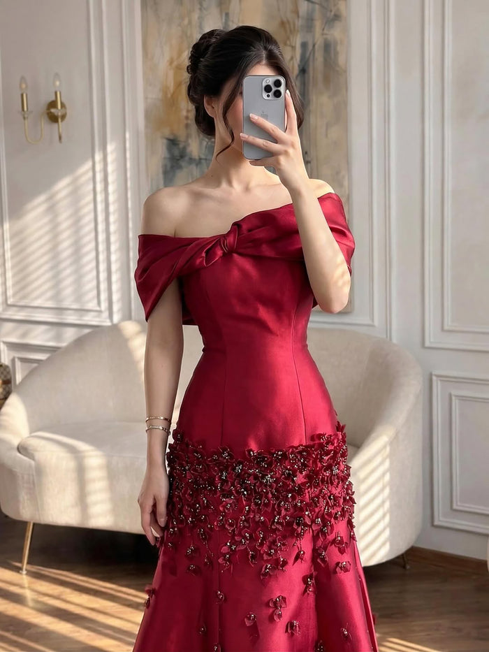 Luxury Peach Satin Mermaid Evening Dress with Appliques LA72483 - SERENE  HILL