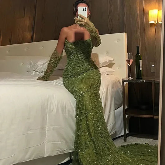 Luxury Pearls Green Mermaid Evening Dress with Gloves LA72352 Plush Size - SERENE HILL