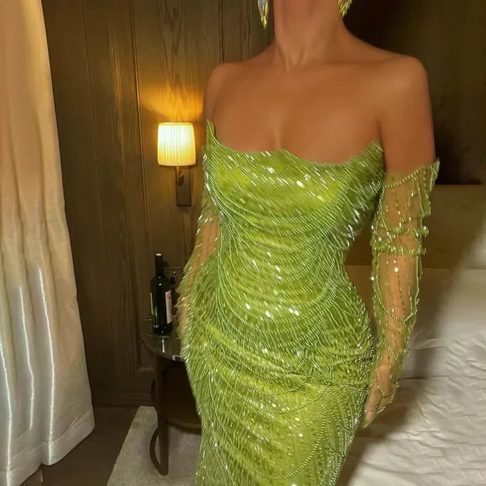 Luxury Pearls Green Mermaid Evening Dress with Gloves LA72352 Plush Size - SERENE HILL