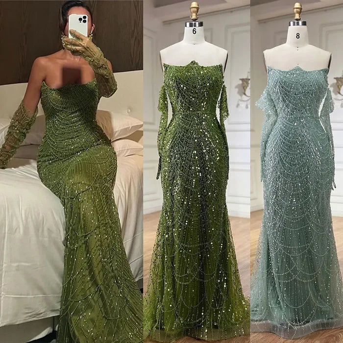 Luxury Pearls Green Mermaid Evening Dress with Gloves LA72352 Plush Size - SERENE HILL