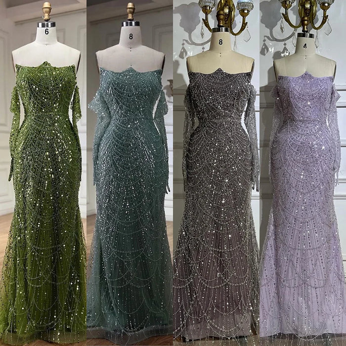 Luxury Pearls Green Mermaid Evening Dress with Gloves LA72352 Plush Size - SERENE HILL