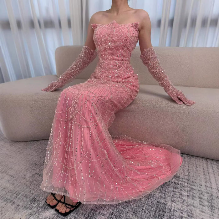 Luxury Pearls Green Mermaid Evening Dress With Gloves Plush Size LA72352