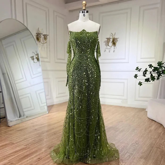 Luxury Pearls Green Mermaid Evening Dress with Gloves LA72352 Plush Size - SERENE HILL