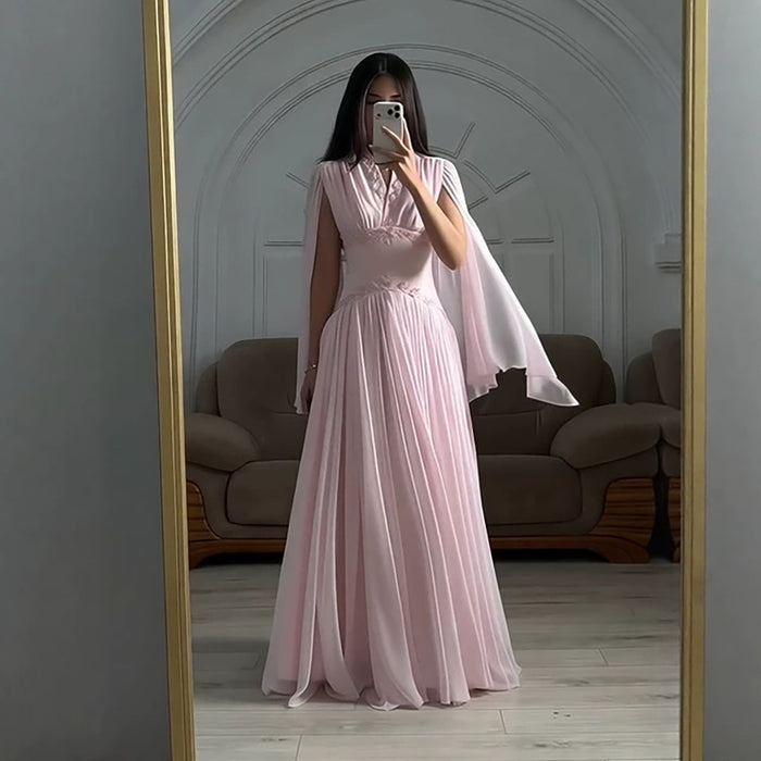 Luxury Pink Beaded Chiffon A Line Dress Cape Sleeves LA73921 SERENE HILL