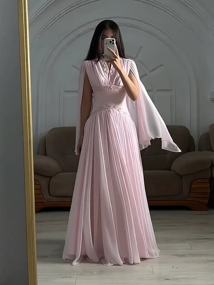 Luxury Pink Beaded Chiffon A Line Dress Cape Sleeves LA73921 SERENE HILL