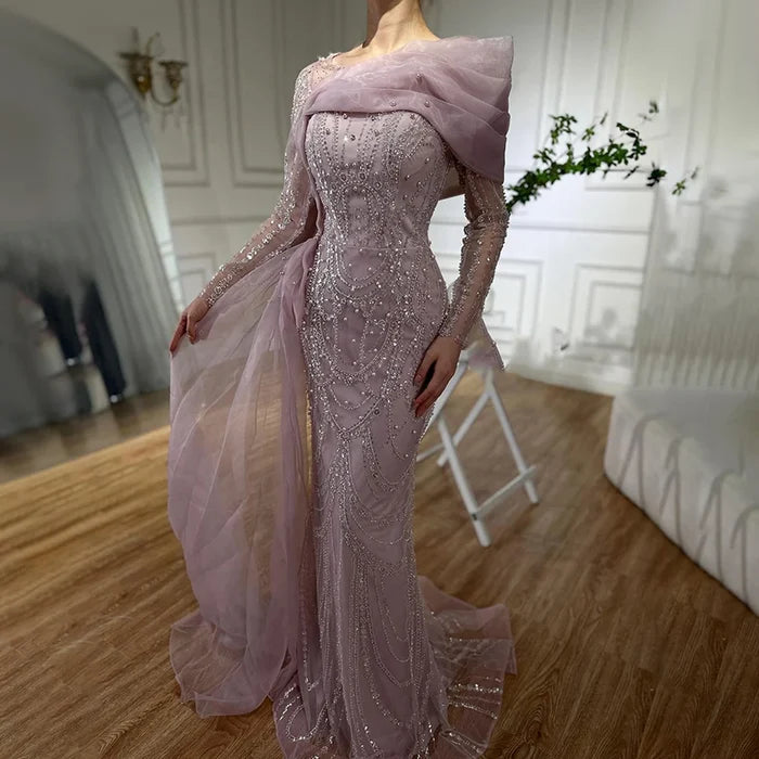 Luxury Pink Beaded Mermaid Evening Dress with Overskirt LA72348A - SERENE HILL