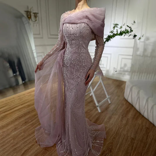 Luxury Pink Beaded Mermaid Evening Dress with Overskirt LA72348A - SERENE HILL