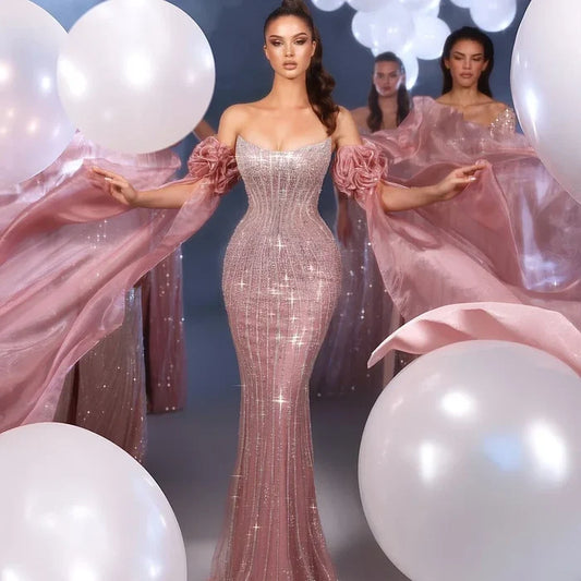 Luxury Pink Beaded Mermaid Evening Dress with Puff Sleeves LA72569 - SERENE HILL