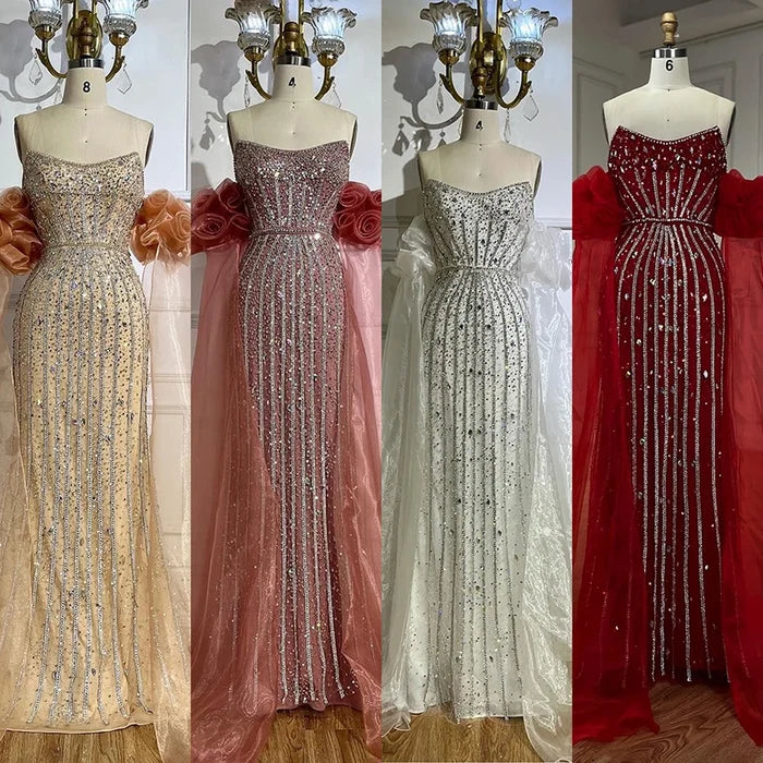 Luxury Pink Beaded Mermaid Evening Dress with Puff Sleeves LA72569 - SERENE HILL
