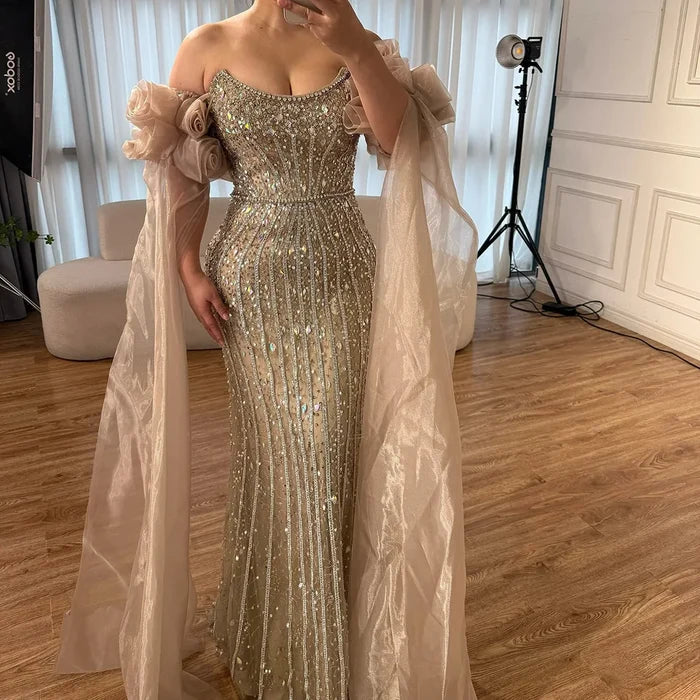 Luxury Pink Beaded Mermaid Evening Dress with Puff Sleeves LA72569 - SERENE HILL