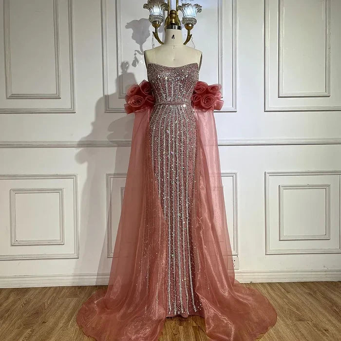 Luxury Pink Beaded Mermaid Evening Dress with Puff Sleeves LA72569 - SERENE HILL