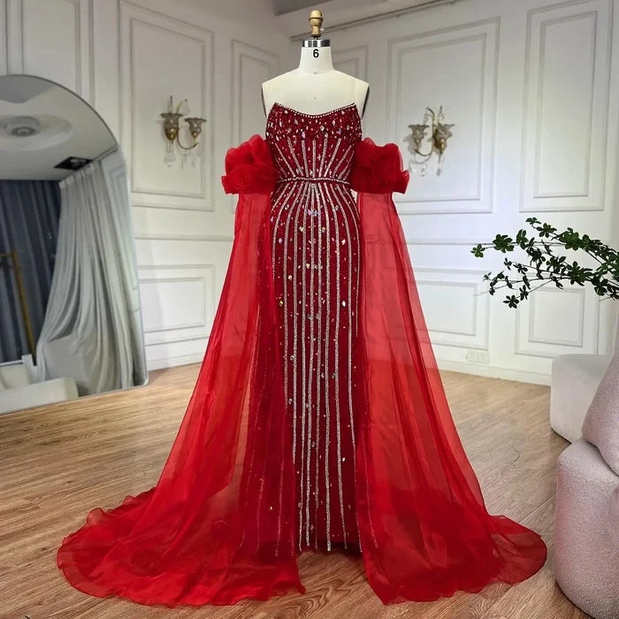 Luxury Pink Beaded Mermaid Evening Dress with Puff Sleeves LA72569 - SERENE HILL