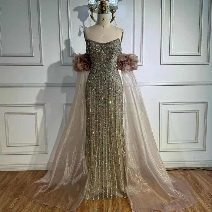 Luxury Pink Beaded Mermaid Evening Dress with Puff Sleeves LA72569 - SERENE HILL
