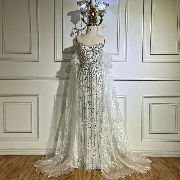 Luxury Pink Beaded Mermaid Evening Dress with Puff Sleeves LA72569 - SERENE HILL