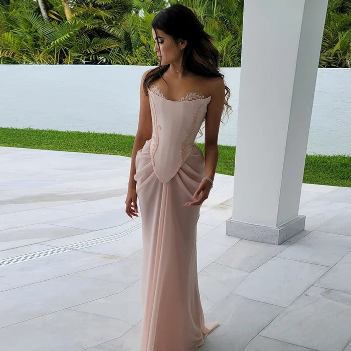 Luxury Pink Handmade Chiffon Mermaid Evening Gown LA72946 - SERENE HILL