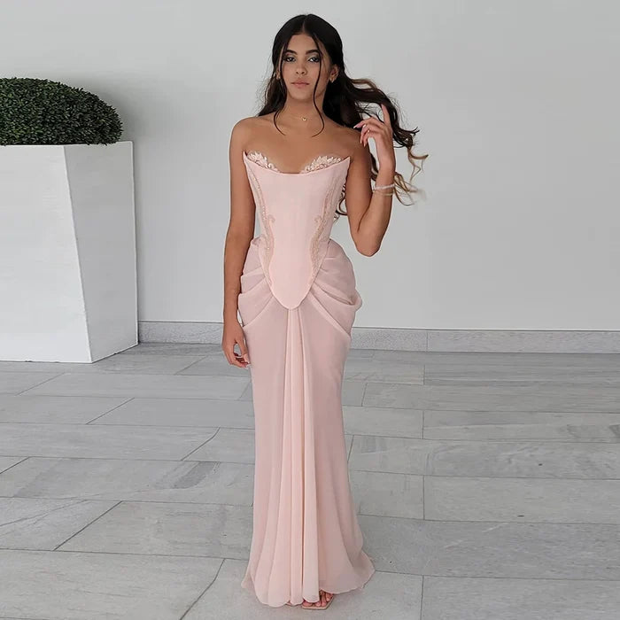 Luxury Pink Handmade Chiffon Mermaid Evening Gown LA72946 - SERENE HILL