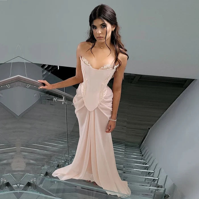 Luxury Pink Handmade Chiffon Mermaid Evening Gown LA72946 - SERENE HILL