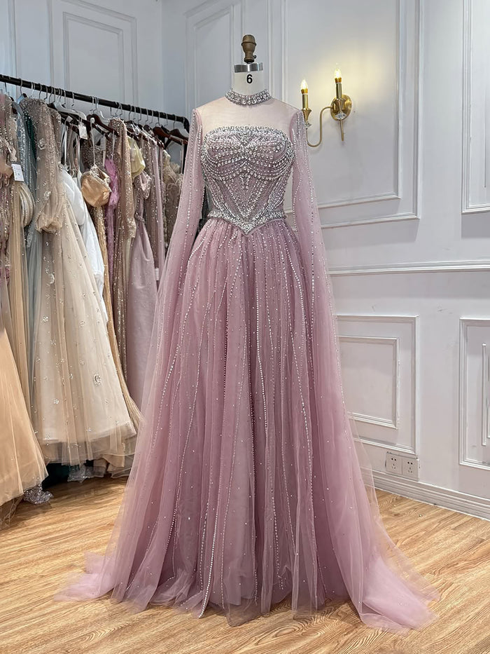 Luxury Pink High Neck Crystal Beaded A Line Evening Dress LA73885 SERENE HILL
