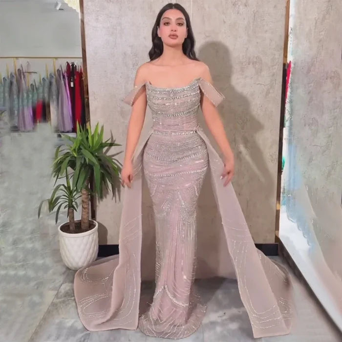 Luxury Pink Mermaid Beaded Evening Gown with Detachable Satin Overskirt LA72781 - SERENE HILL