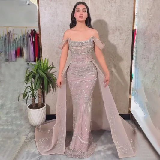 Luxury Pink Mermaid Beaded Evening Gown with Detachable Satin Overskirt LA72781 - SERENE HILL
