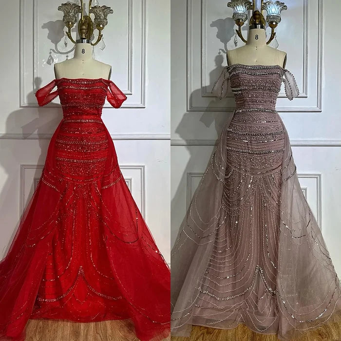 Luxury Pink Mermaid Beaded Evening Gown with Detachable Satin Overskirt LA72781 - SERENE HILL