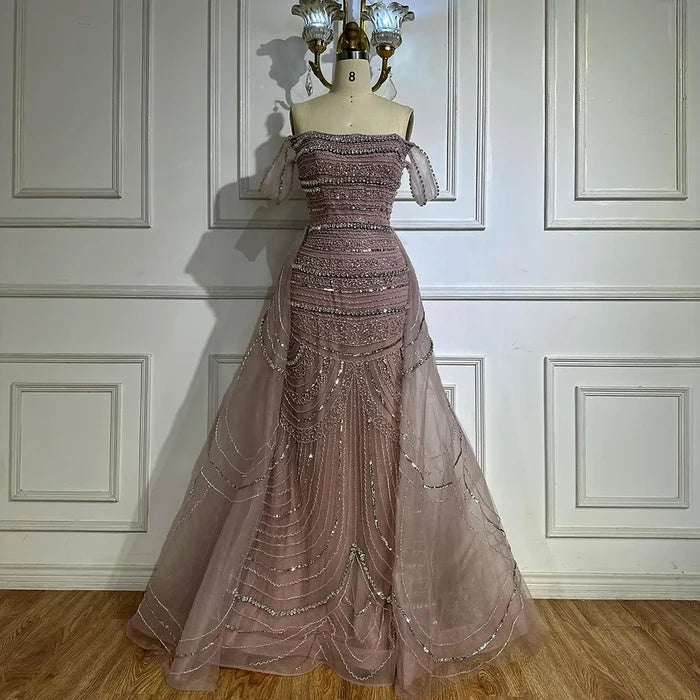 Luxury Pink Mermaid Beaded Evening Gown with Detachable Satin Overskirt LA72781 - SERENE HILL