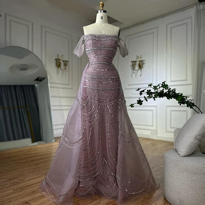 Luxury Pink Mermaid Beaded Evening Gown with Detachable Satin Overskirt LA72781 - SERENE HILL