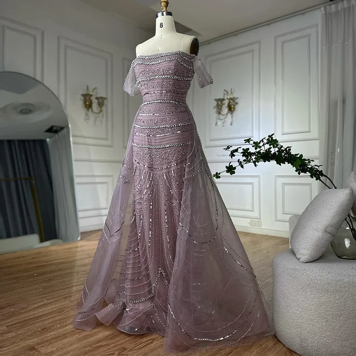 Luxury Pink Mermaid Beaded Evening Gown with Detachable Satin Overskirt LA72781 - SERENE HILL