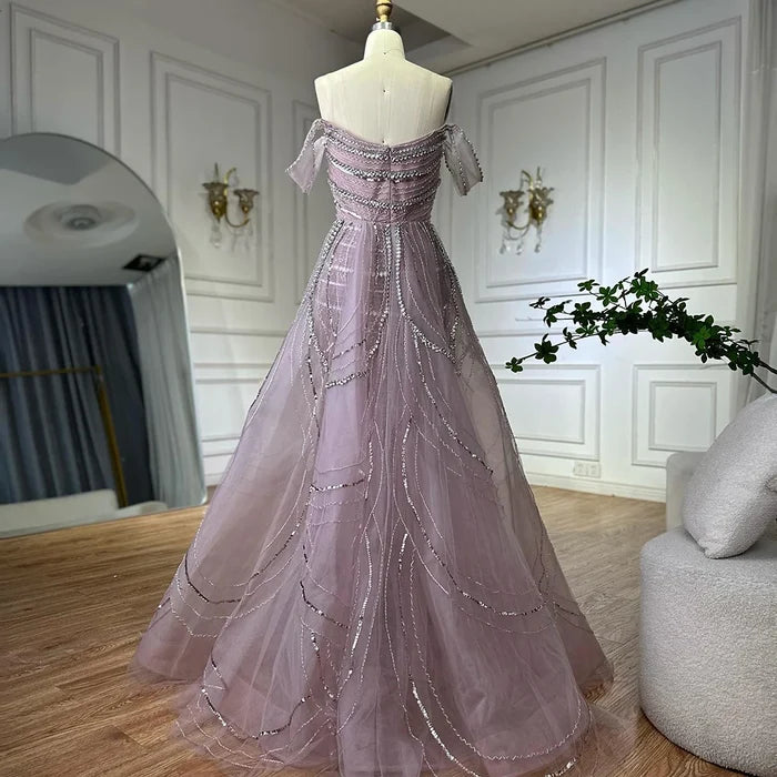 Luxury Pink Mermaid Beaded Evening Gown with Detachable Satin Overskirt LA72781 - SERENE HILL