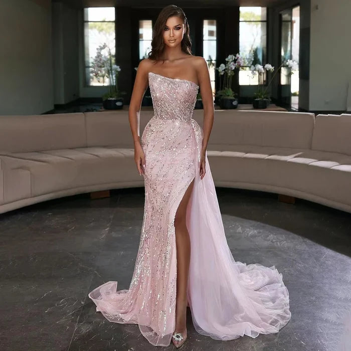 Luxury Pink Mermaid Beaded Off-Shoulder Evening Dress LA71795 - SERENE HILL