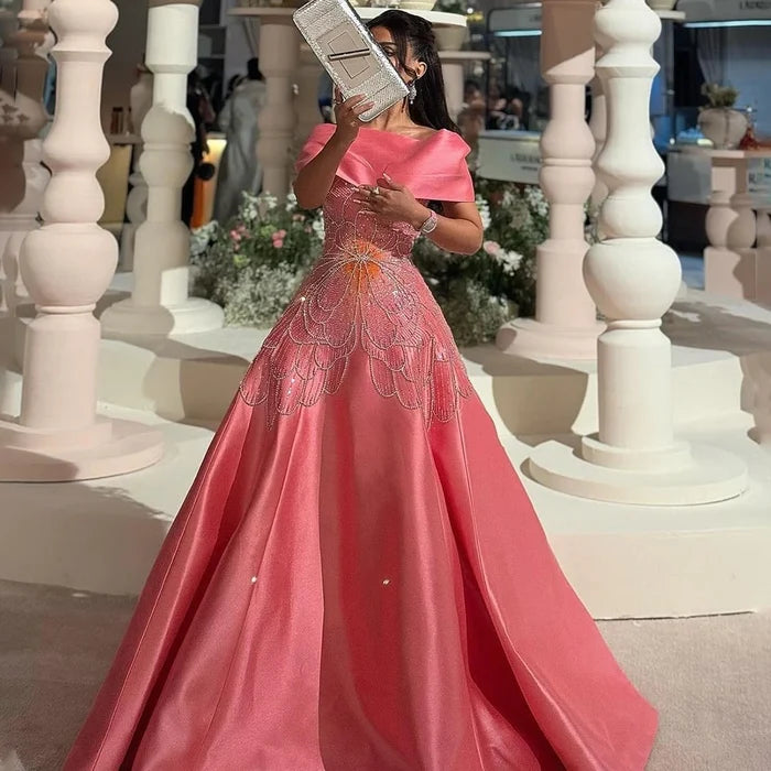 Luxury Pink Satin A-Line Beaded Evening Dress LA72195A - SERENE HILL