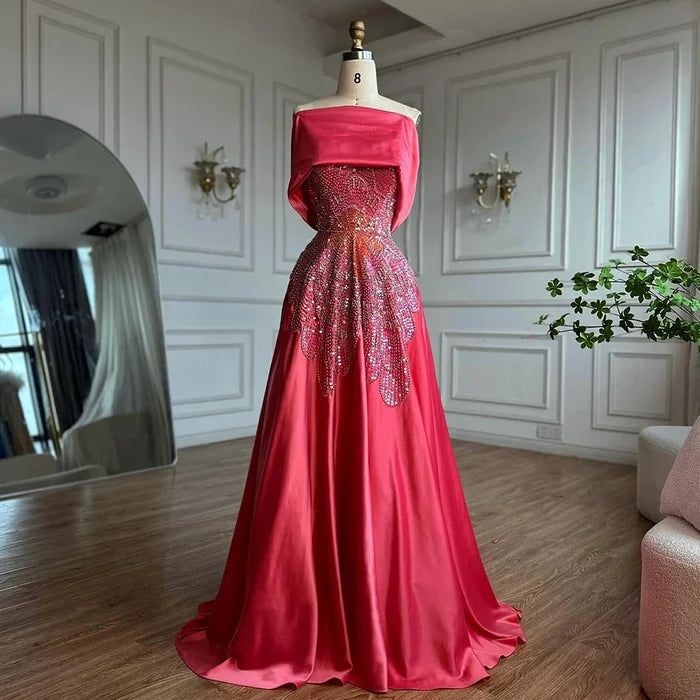 Luxury Pink Satin A-Line Beaded Evening Dress LA72195A - SERENE HILL