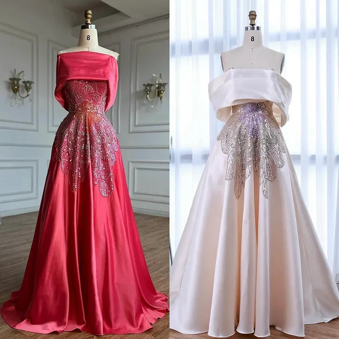 Luxury Pink Satin A-Line Beaded Evening Dress LA72195A - SERENE HILL