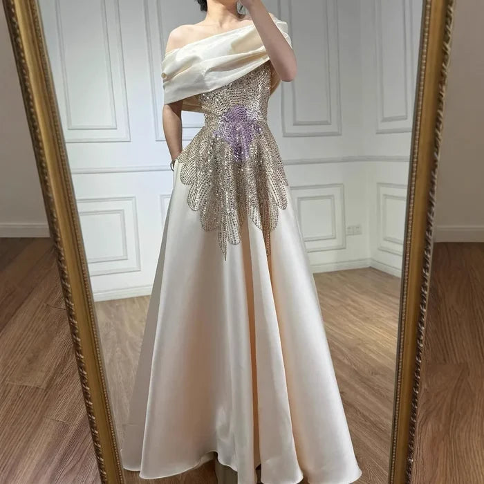 Luxury Pink Satin A-Line Beaded Evening Dress LA72195A - SERENE HILL