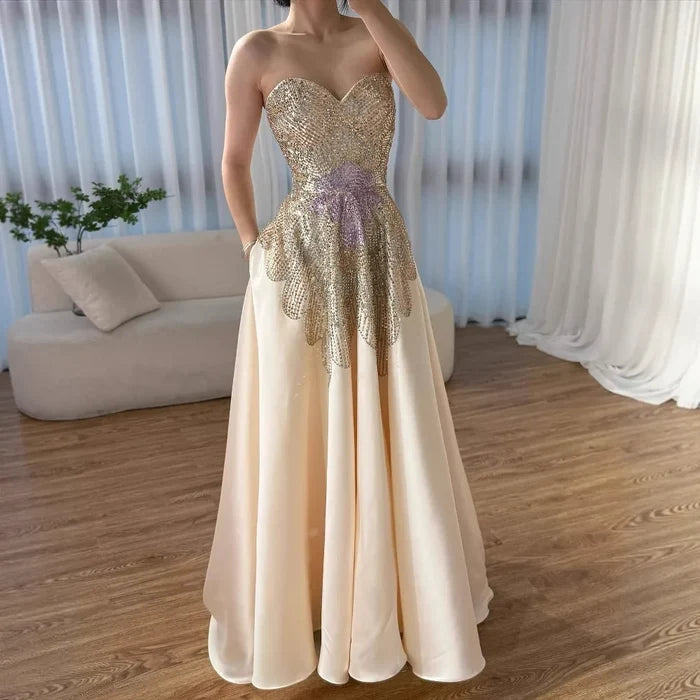 Luxury Pink Satin A-Line Beaded Evening Dress LA72195A - SERENE HILL