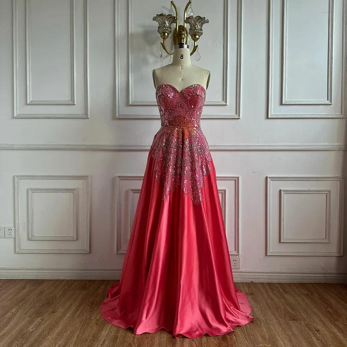 Luxury Pink Satin A-Line Beaded Evening Dress LA72195A - SERENE HILL