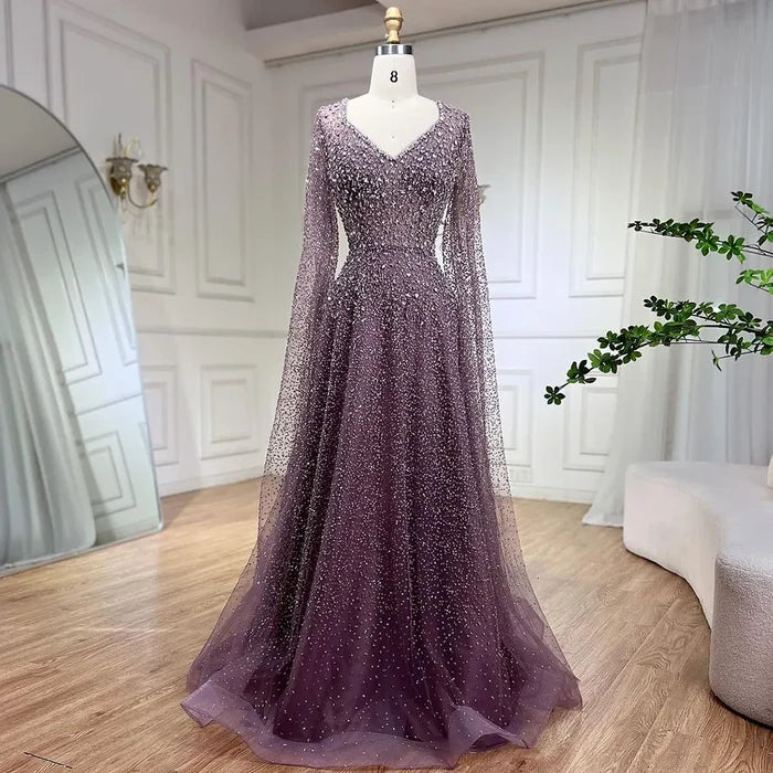 Luxury Purple A-Line Evening Dress with Cape Sleeves Plus Size LA72147A - SERENE HILL