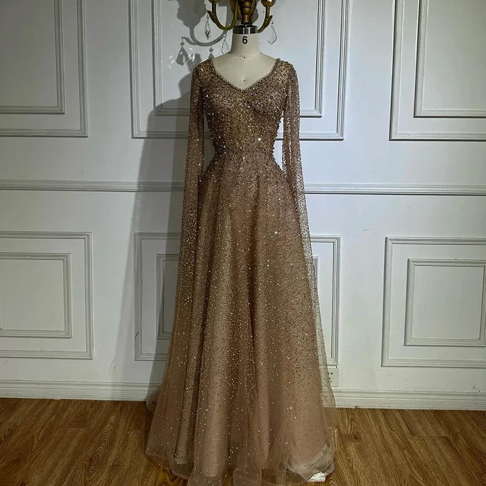 Luxury Purple A-Line Evening Dress with Cape Sleeves Plus Size LA72147A - SERENE HILL