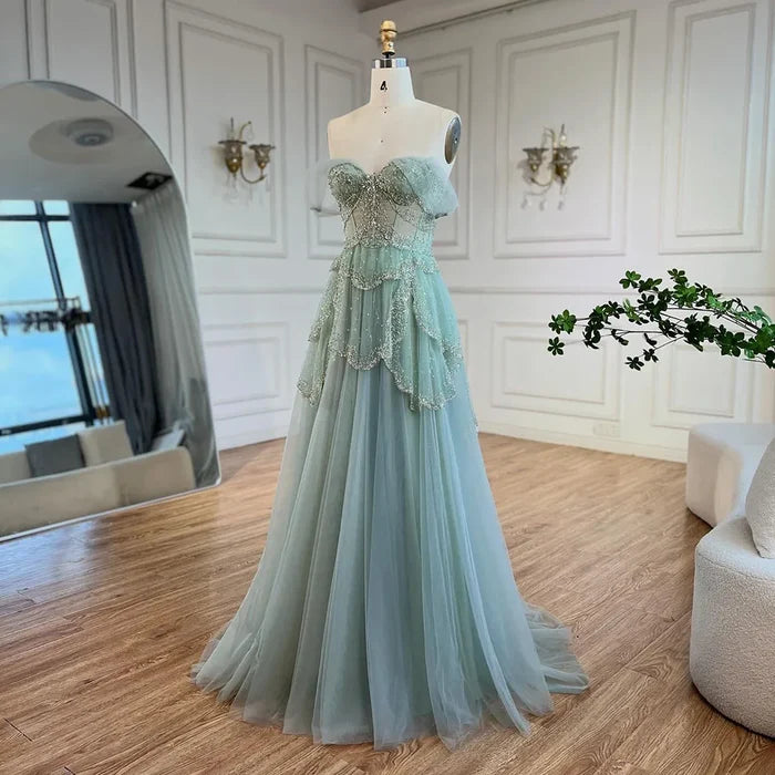 Luxury Sage Green Beaded A-Line Off-Shoulder Evening Dress LA72605 - SERENE HILL