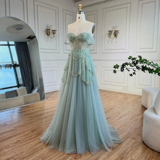 Luxury Sage Green Beaded A-Line Off-Shoulder Evening Dress LA72605 - SERENE HILL