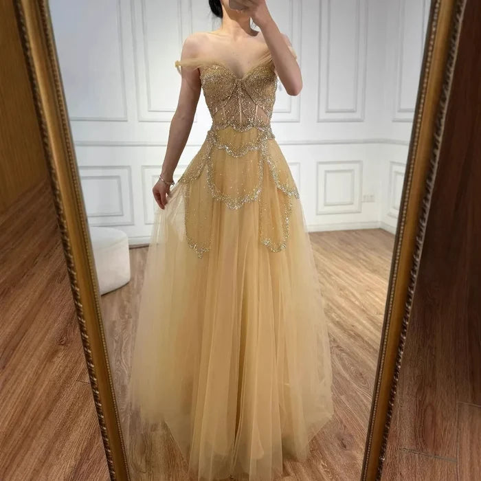 Luxury Sage Green Beaded A-Line Off-Shoulder Evening Dress LA72605 - SERENE HILL
