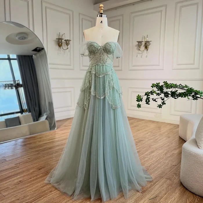 Luxury Sage Green Beaded A-Line Off-Shoulder Evening Dress LA72605 - SERENE HILL
