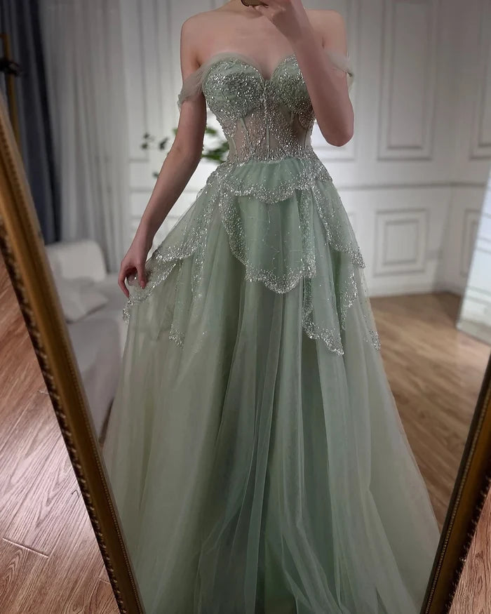 Luxury Sage Green Beaded A-Line Off-Shoulder Evening Dress LA72605 - SERENE HILL
